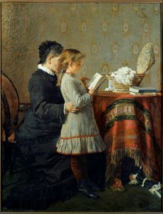 Lukutunti. Sairaanhoitaja oppii lukemaan pikkutyttöä. Silvestro Legan maalaus (1826-1895) Ec. Ital tekijältä Silvestro Lega