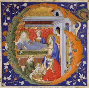 Käsikirjoituksen valaistus Neitsyen syntymällä alkukirjaimella G, asteittaisesta, n. 1375. tekijältä Silvestro dei Gherarducci