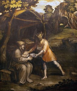Paholainen ottaa pyhät kirjat ja korvaa ne maallisilla kirjoilla; Simao Rodriguesin maalaus (1560-1629); (Paholainen ottaa pyhät kirjat ja korvaa ne maallisilla kirjoilla; Simao Rodriguesin maalaus tekijältä Simao Rodrigues