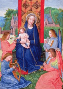 Esim. 2125 f.157v Madonna ja lapsi soittimia soittavien enkelien kanssa, teoksesta Hours of Joanna of Ghistelles, n. 1516 (vellum) tekijältä Simon (attr. to) Bening