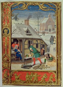 Lisää 24098 f.18v tammikuu: Tukkien pilkkominen ja kelkkailu, tuntikirjasta tai golfkirjasta, n. 1520-30 (vellum)