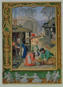Lisää 24098 f.29v joulukuu: Ruoan valmistaminen talveksi, leivän teko ja sian tappaminen Tuntikirjasta tai Golfkirjasta, n. 1520-30 (vellum)