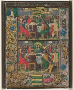 Yksi lehti, jossa on kohtauksia viimeisestä ehtoollisesta, n. 1525-1530. tekijältä Simon Bening
