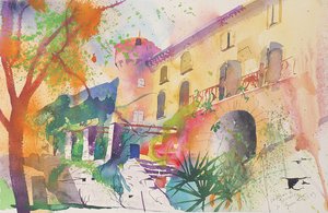 Chateau ja terassi, 2003 (akvarelli paperille) tekijältä Simon Fletcher