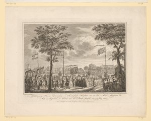 Jäähyväiset Willem V:lle ja hänen vaimolleen Buiten Amstelissa, 1768 Jäähyväiset heidän rauhallisille ja kuninkaallisille korkeuksilleen van den Ed: Achtb: Amsteldamin kaupungin tuomari ja den Buiten Amstelin lähtö, 4. kesäkuuta 1768 (nimi esineessä) Kuva tekijältä Simon Fokke
