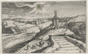 Mäkinen maisema tuulimyllyllä Erilaisia ​​maisemia (sarjan nimi) Topographia variarum regionum (sarjan nimi) tekijältä Simon Frisius (attributed to)