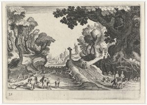Metsämaisema ristillä polun varrella Etelä-Euroopan maisemat (sarjan nimi) Topographia variarum regionum (sarjan nimi) tekijältä Simon Frisius