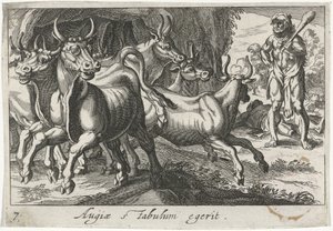 Hercules hoedt de kudde van Geryon (otsikko esineessä) Herculische-teeman (sarjan nimi) tekijältä Simon Frisius