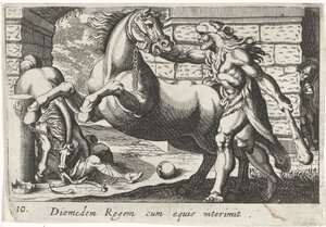 Hercules temt de paarden van Diomedes Diomedes kuningas hevosineen (otsikko esineessä) Herculische-teeman (sarjan nimi) tekijältä Simon Frisius