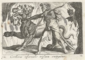 Hercules kostaa Cerberuksen Cerberus infernal trifaux on sammunut (otsikko esineessä) Herculische-teeman (sarjan nimi)