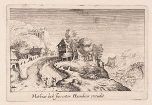 Maisema, jossa on polku ylös vuorelle kylän läpi, Topographia Variarum Regionum -teoksesta. tekijältä Simon Frisius