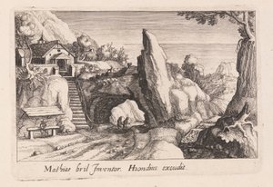 Hahmopari kävelemässä kalliosillan alla, Topographia Variarum Regionum -teoksesta. tekijältä Simon Frisius