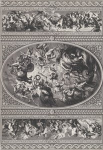 Jaakob I:n apoteoosi soikeassa keskellä, friisit putilla ja seppeleillä joko..., 1720.