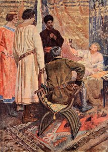 Rikhard Leijonasydän nousi ylös sängystään ja otti käteensä kupin, joka kuvitti "Talismaanin": A Talealisalmi" (Sir Walter Scott).