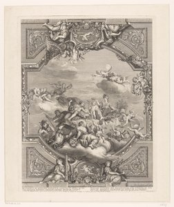 Kattomaalaus Versaillesissa: Apollo jakaa palkintoja taiteille ja tieteille, Minerva kruunaa Ranskan neron tekijältä Simon Henri Thomassin