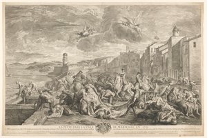 Buboniruton uhrit teurastetaan La Tourettessa, Marseillessa La Peste dans la ville de Marseille en 1720 (otsikko esineessä) tekijältä Simon Henri Thomassin