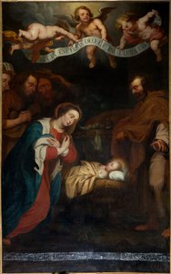 Seurakuntakirkko (Saint Laurentius Parish Church). Sisustus. pohjoinen käytävä. Alttari. maalaus. "Kristuksen syntymä". allekirjoitti Simon de Papen. 1666.