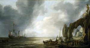 Hollantilaiset sota-alukset ankkuroituvat kalliorannikon edustalle, muutama miehistön jäsen laskeutuu rantaan, kerääntyy kalastuskorien ympärille...