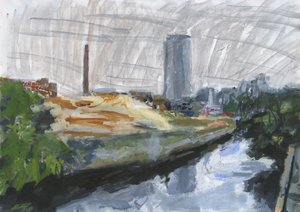 River Wandle and Ram Brewery redevelopment site, Wandsworth, 2025 (akryyli, akryylivärikynät, intialaiset tussikynät, öljypohjaiset tussikynät ja grafiitti paperilla)