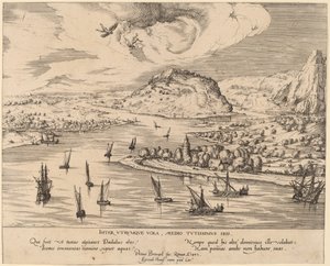Jokimaisema Ikaruksen putouksen kanssa tekijältä Simon Novellanus after Pieter Bruegel the Elder