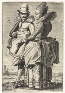 Mies ja nainen pukeutuivat noin vuoden 1625 muodin mukaan tekijältä Simon Poelenburg (attributed to)