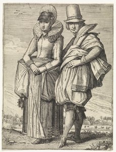 Mies ja nainen pukeutuivat noin vuoden 1625 muodin mukaan tekijältä Simon Poelenburg (attributed to)