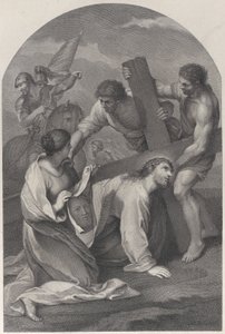 Kristus kaatui maahan ristin painon alla kahden miehen apuna ja ..., n. 1729. tekijältä Simon Vallee