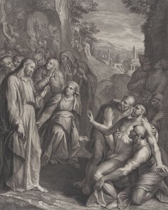 Lasaruksen ylösnousemus, Kristuksen seisoessa vasemmalla, n. 1729. tekijältä Simon Vallee