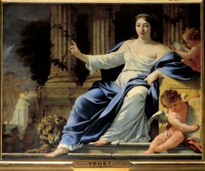 kaunopuheisuus. Edustus Polymniesta, kaunopuheisuuden museosta. Simon Vouetin (1590-1649) maalaus 1600-luvun su. 0,81 x 1 m tekijältä Simon Vouet