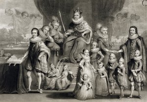 Hänen Majesteettinsa James I ja hänen kuninkaalliset jälkeläisensä yhdessä Böömin kuninkaan perheen kanssa, kaiverrus Charles Turner (1773-1857), 1814