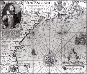Uuden Englannin rannikon kartta, havainnoinut ja kuvaanut kapteeni John Smith (1580-1631) 1614, julkaisusta General Historie, 1624
