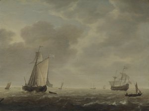 Hollantilainen sotamies ja erilaisia aluksia tuulessa, n. 1640