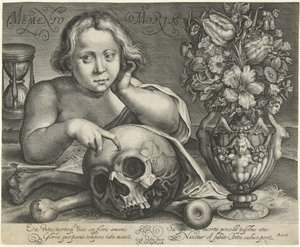 Lapsi kalloineen (Vanitas) Memento Mori (otsikko esineessä)