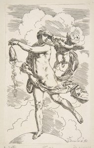 Onni seisoo maapallolla tyhjentämässä kolikkolaukkua, n. 1635-1636. tekijältä Simone Cantarini