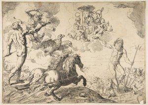 Jupiter, Neptunus ja Pluto tarjoavat kruunujaan kardinaali Borghesen käsivarsille, 1642-43. tekijältä Simone Cantarini