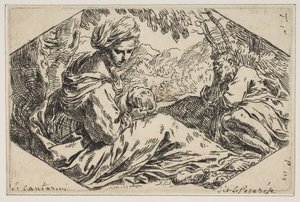 Lepää Egyptissä, Maria pitelee Kristus-lapsea ja katselee sitä, kun Pyhä Joosef s..., n. 1637-1639. tekijältä Simone Cantarini