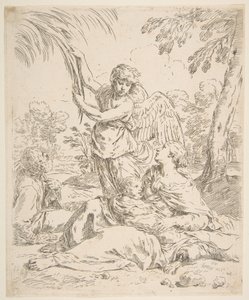 Lepää Egyptissä, kun Maria imettää Kristus-lapsa, kun enkeli vetää puun oksia, n. 1639. tekijältä Simone Cantarini