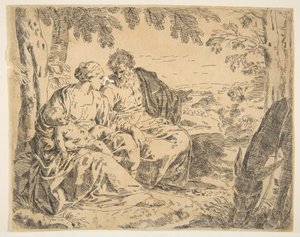 Lepää lennolla Egyptiin, Maria pitelee vauvaa Kristusta samalla kun St. ..., n. 1637-1639 tai sen jälkeen. tekijältä Simone Cantarini