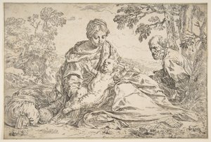 Lepää lennolla Egyptiin, Maria pitelee vauvaa Kristusta ja Pyhä Joosef oikealla, n. 1640. tekijältä Simone Cantarini