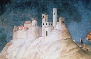 Guidoriccio da Foglianon muistotilaisuus Montemassin piirityksen yhteydessä, yksityiskohta Montemassin linnoituksesta, Sala del Mappamondosta, 1328 tekijältä Simone Martini