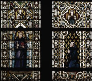 Pyhä Antonius Padovalainen (1195-1231) ja kardinaali Gentile of Montefiore (Gentile Partino da Montefiore, Gentilis of Monteflorum, n. 1240-1312) polvistumassa (St Anthony of Padova ja Gentile da Montefiore) - Lasimaalaus Simone Martini 1284-1344), cm. 57 tekijältä Simone Martini