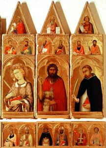 Pyhä Katariina Aleksandrialainen, Pyhä Johannes Kastaja, Pyhä Pietari Veronalainen. Yksityiskohta Pyhästä Katariina Aleksandrialaisen polyptyykistä (tempera ja kulta puulla tekijältä Simone Martini