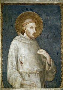 Pyhä Franciscus Assisilainen, yksityiskohta viidestä pyhästä - Fresko Simone Martini (n. 1284-1344) tekijältä Simone Martini