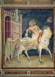 Pyhä Martin jakaa takkinsa kerjäläisen kanssa. Fresko Simone Martini (1282-1344). 1315. Pyhän Francois Assisilaisen alempi basilika, Pyhän Martinuksen kappeli. Istu alas.