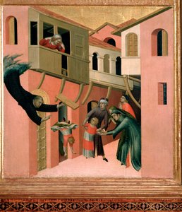 Italialainen munkki Agostino Novello sanoo sen Panormitano ja hänen neljän ihmeensä esitys parvekkeelta putoavan lapsen - tempera paneelissa tekijältä Simone Martini