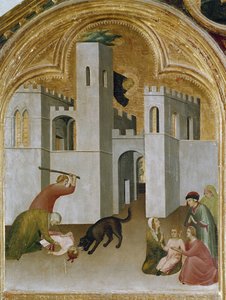 Lapsen ihme tarttuu suden hampaiden väliin. Osa triptyykistä Pyhän Augustinuksen erakko historia (Tempera puulla tekijältä Simone Martini