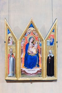 Triptyykki, valtaistuimella Madonna ja lapsi enkeleillä (keskellä), Ilmoituksen enkeli ja pyhä Augustinus (vas.), Neitsyt julistus ja pyhä Monica (oikealla)