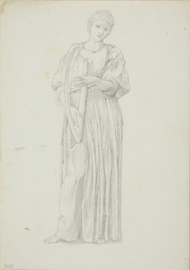 Harppua soittavan naisen drapedoitu hahmo tekijältä Sir Edward Burne Jones