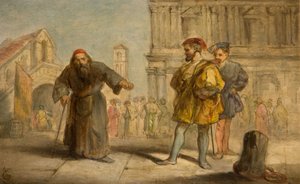 Kohtaus Shakespearen teoksesta Venetsian kauppias, 1865. tekijältä Sir John Gilbert