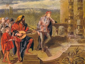 Muusikko laulaa elokuvassa The Two Gentlemen of Verona: Act IV Scene II, c1875 tekijältä Sir John Gilbert